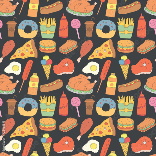 Seamless fast food pattern. fast food background. Doodle fastfood icons. Drawn food pattern