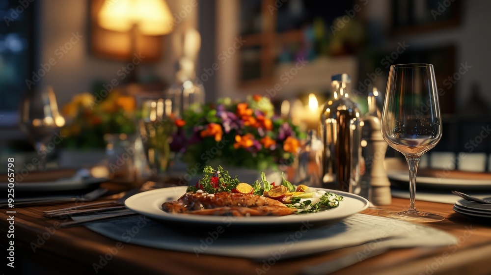 High-realistic image of gourmet roasted chicken dinner with wine in elegant restaurant setting High-realistic image of gourmet roasted chicken dinner with wine in elegant restaurant setting