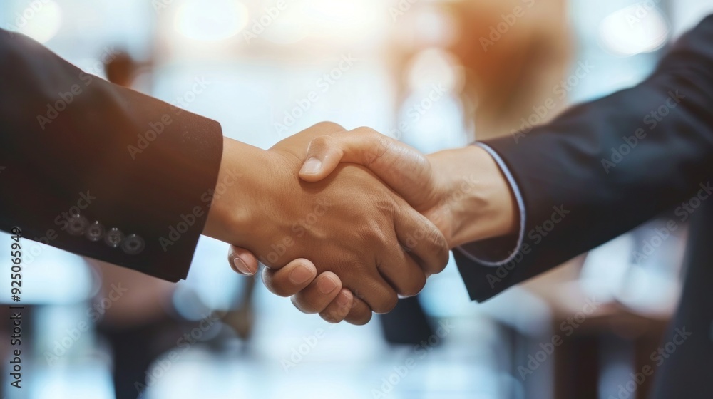 Professionals greet each other warmly with a handshake, showcasing collaboration and agreement in a bright, inviting workspace Professionals greet each other warmly with a handshake, showcasing collaboration and agreement in a bright, inviting workspace