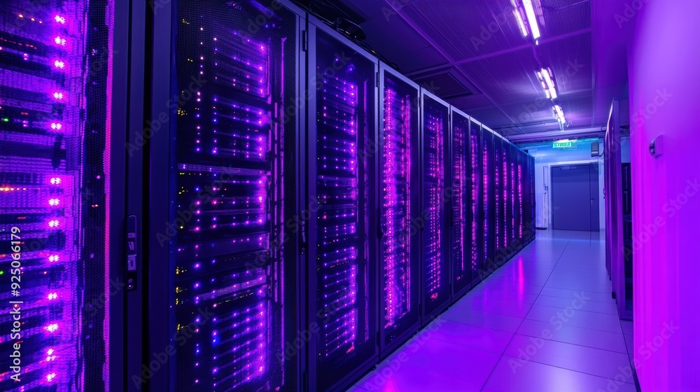 Fototapeta premium Data Security: Rows of Server Racks with Glowing LED Indicators in a High-Tech Data Center