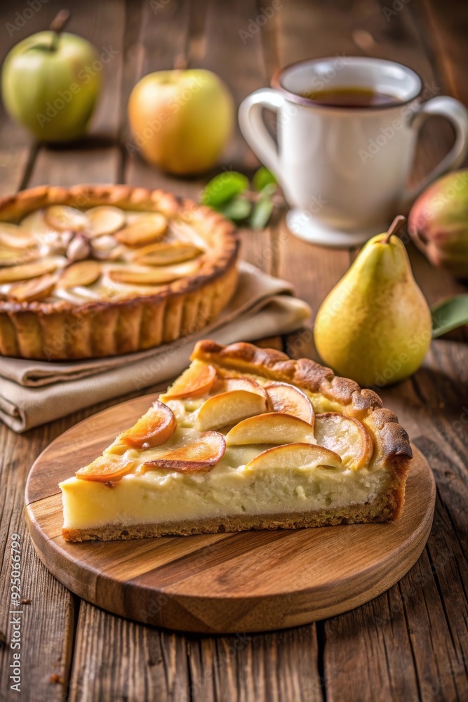 Rebanada de tarta de manzana y pera servida en un plato redondo de madera, acompañada de una taza de té, con frutas frescas en el fondo. Rebanada de tarta de manzana y pera servida en un plato redondo de madera, acompañada de una taza de té, con frutas frescas en el fondo.