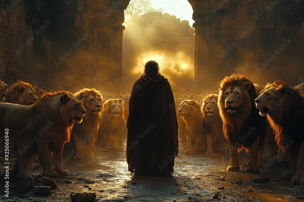 dramatic biblical scene daniel surrounded by lions divine light illuminating his unwavering faith amidst the shadowy den