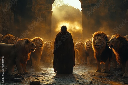 Obraz na płótnie dramatic biblical scene daniel surrounded by lions divine light illuminating his unwavering faith amidst the shadowy den w salonie