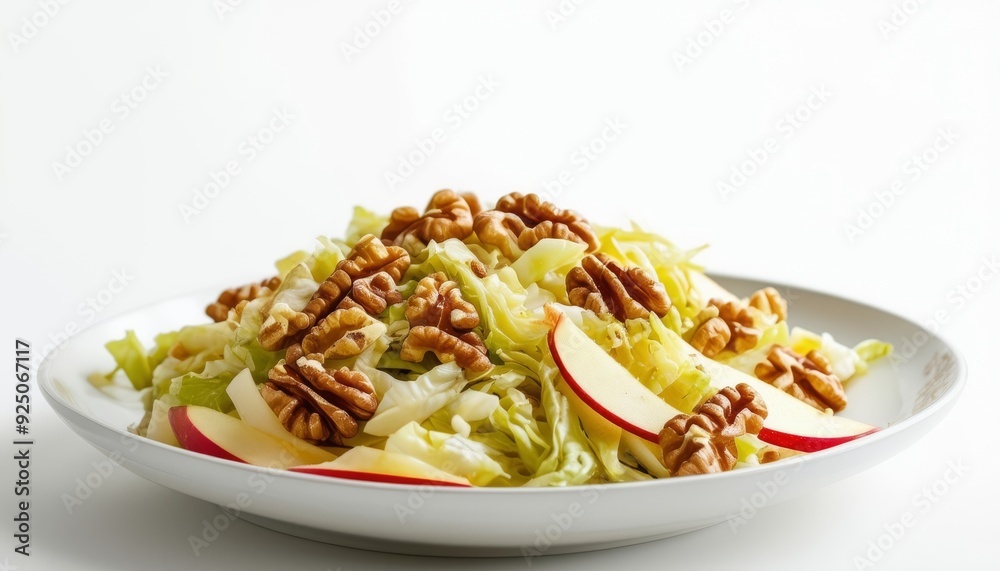 Ensalada de col y manzanas con nueces, presentada en un plato blanco minimalista, ideal para una comida ligera y saludable. Ensalada de col y manzanas con nueces, presentada en un plato blanco minimalista, ideal para una comida ligera y saludable.