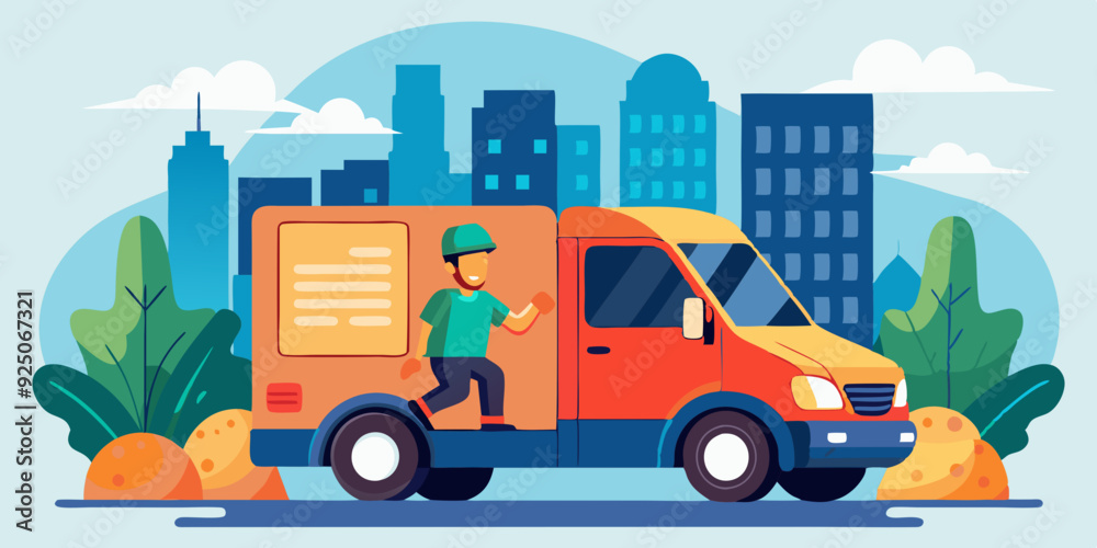 Delivery service. A male driver in uniform rides in a van against the backdrop of the city. Carrier
Delivery service. A male driver in uniform rides in a van against the backdrop of the city. Carrier