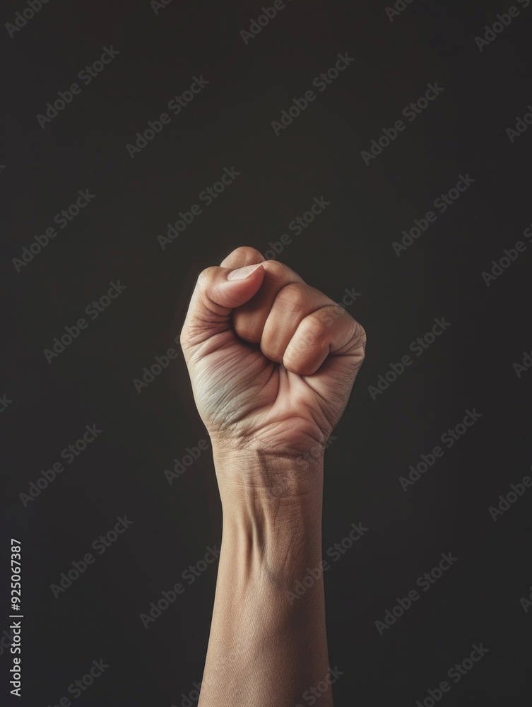 A close up of a person's fist raised in solidarity during a political protest, symbolizing resistance and the fight for social justice. A close up of a person's fist raised in solidarity during a political protest, symbolizing resistance and the fight for social justice.