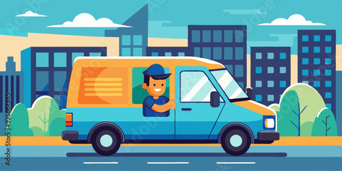 Delivery service. A male driver in uniform rides in a van against the backdrop of the city. Carrier
