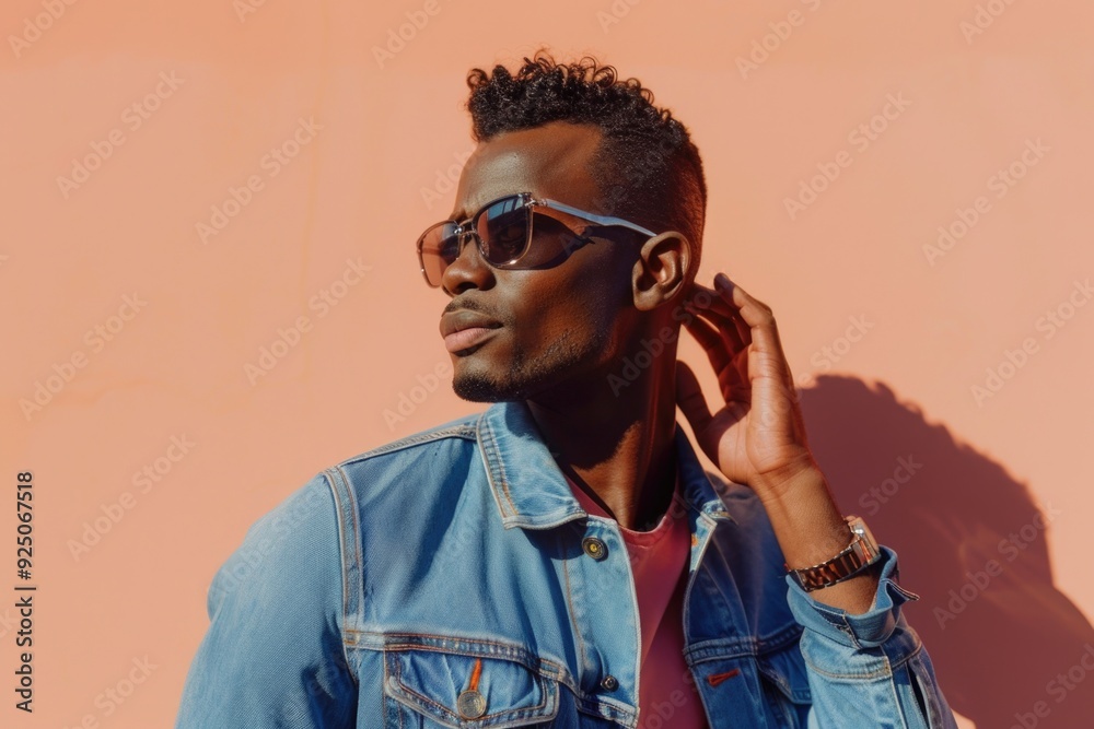 Young male model posing with sunglasses and jeans jacket against orange background. Young male model posing with sunglasses and jeans jacket against orange background.