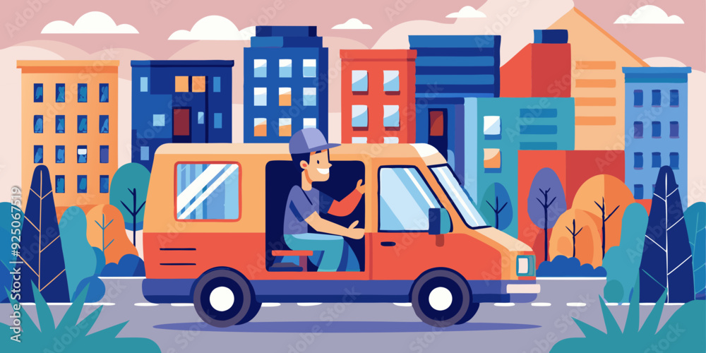 Delivery service. A male driver in uniform rides in a van against the backdrop of the city. Carrier
Delivery service. A male driver in uniform rides in a van against the backdrop of the city. Carrier