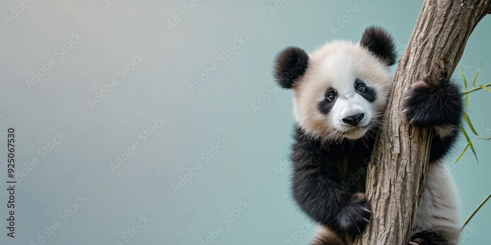 Adorable Baby Panda Climbing a Tree Against a Gentle Gradient Background