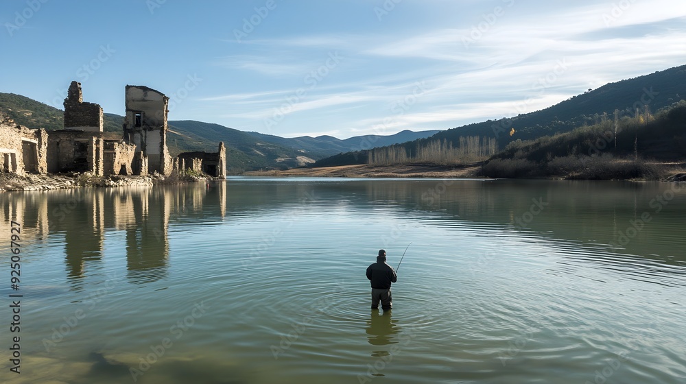 Angler in Sunken Village: Haunting Reservoir Fishing Angler in Sunken Village: Haunting Reservoir Fishing