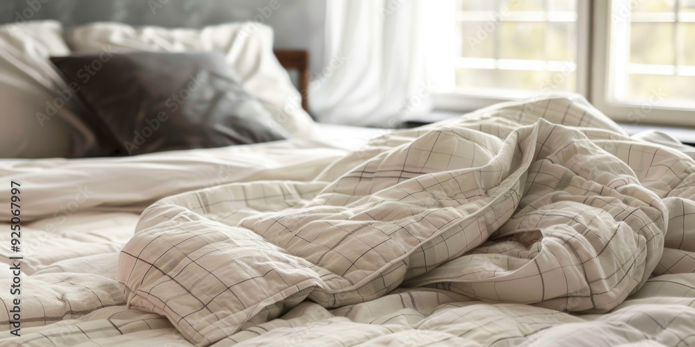 The image depicts a real-life, everyday scene of an unmade bed with ...