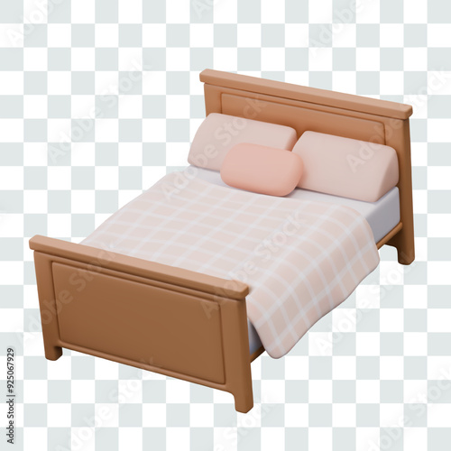 Double bed with pillows, sheet, blanket. Wooden bedroom furniture, top view