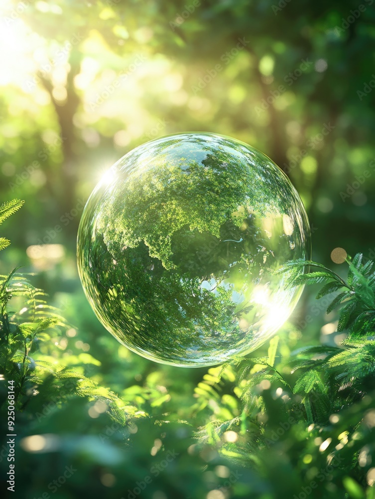 Glowing earth bubble floating on lush foliage with sunlight filtering through trees. Glowing earth bubble floating on lush foliage with sunlight filtering through trees.