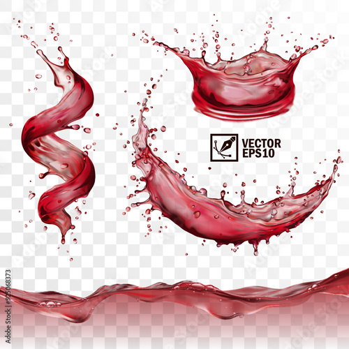 Realistic transparent isolated splash of red wine or grape juice, or cherry, pomegranate