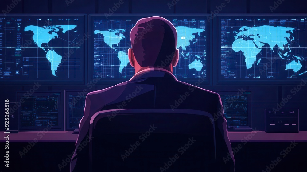 Agents in a high-tech control center monitoring global communications and satellite feeds, stylized illustration, deep intelligence operation Agents in a high-tech control center monitoring global communications and satellite feeds, stylized illustration, deep intelligence operation