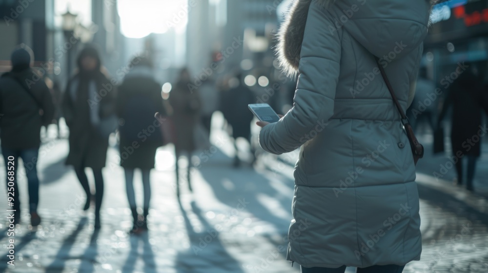 Walking woman on sidewalk, using smartphone, surrounded by other pedestrians. Bustling cityscape with tall buildings and overcast sky. Walking woman on sidewalk, using smartphone, surrounded by other pedestrians. Bustling cityscape with tall buildings and overcast sky.