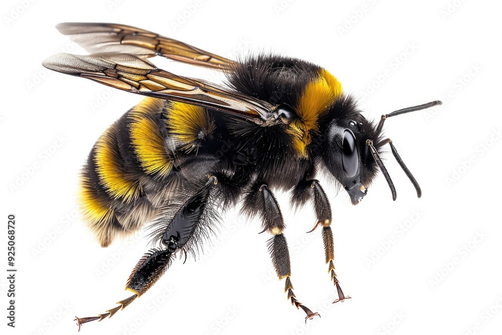 A bee is captured in flight with vibrant yellow and black stripes. The focus of the image is sharp, showing details of its wings and body. A bee is captured in flight with vibrant yellow and black stripes. The focus of the image is sharp, showing details of its wings and body.