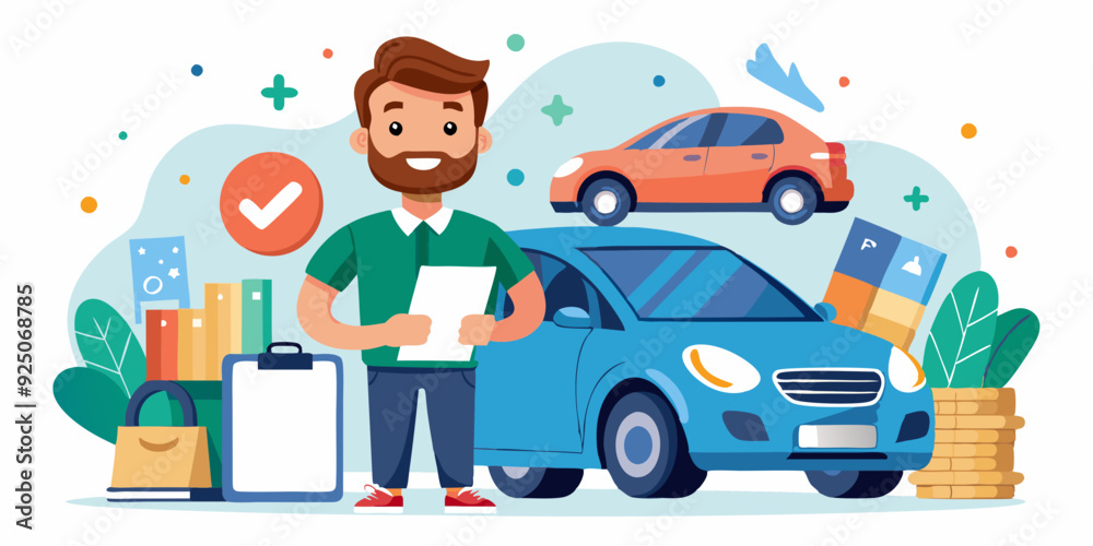 Happy man with a car on a white background in different views. The guy buys, rents, and drives a city hatchback. Insurance and maintenance
Happy man with a car on a white background in different views. The guy buys, rents, and drives a city hatchback. Insurance and maintenance