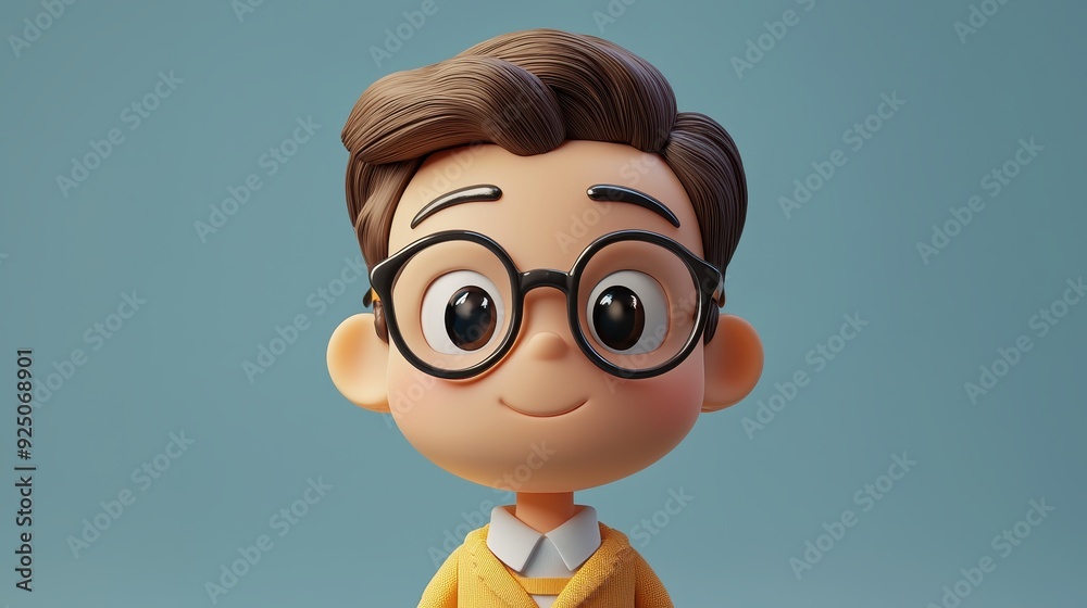 Cute 3D Render of a Smiling Boy with Glasses and Brown Hair on a Blue Background Cute 3D Render of a Smiling Boy with Glasses and Brown Hair on a Blue Background