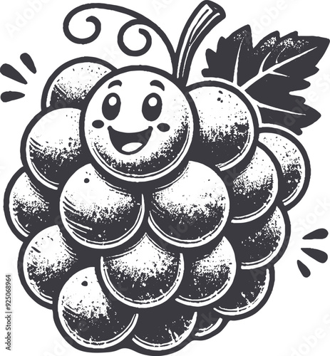 Grunge-Style Grapes Smiling Fruit Character with Texture, Rough Hand-Drawn with Grainy Print Effect.