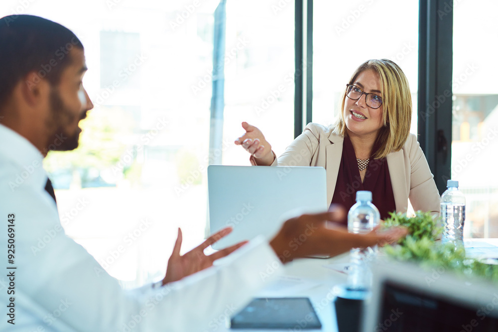 Fototapeta premium Office, business people and discussion in meeting for feedback, planning and investment performance. Boardroom, corporate career and investor with conversation for project, negotiation or partnership