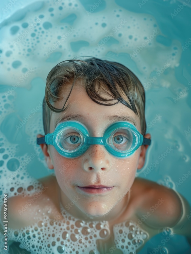 Naklejka premium A young boy enjoying swimming lessons. He is wearing blue swim goggles and seems to be having a great time in the water.