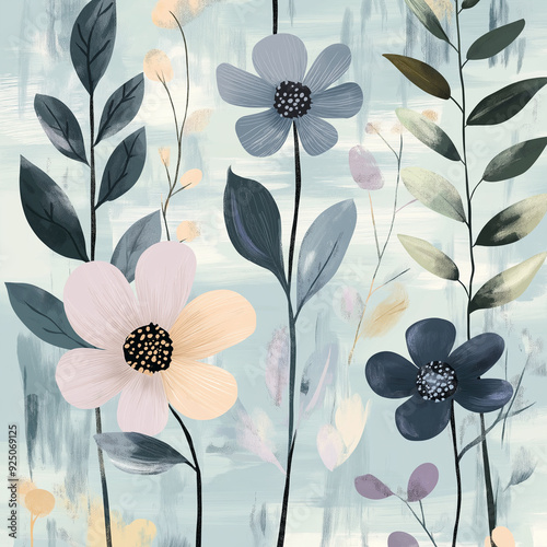 a delicate floral pattern with hand-drawn flowers and leaves in pastel shades