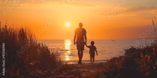 A touching moment capturing a father and child walking along the beach at sunset, symbolizing bonding and tranquility. photo