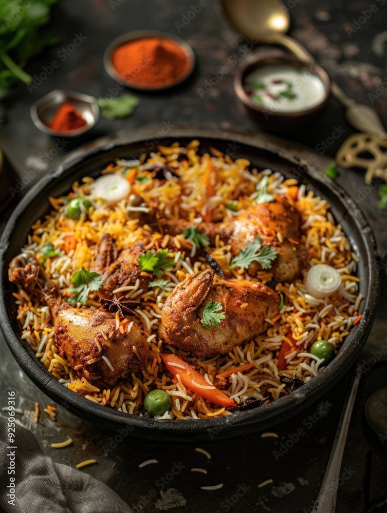 This is a delectable Indian-style biryani dish, featuring chicken pieces in a rich and flavorful sauce, served over rice. The dish is garnished with fresh herbs and seasoned to perfection with spices. This is a delectable Indian-style biryani dish, featuring chicken pieces in a rich and flavorful sauce, served over rice. The dish is garnished with fresh herbs and seasoned to perfection with spices.