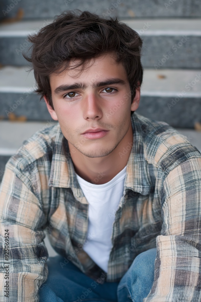 Portrait of a young man wearing a plaid shirt and jeans, sitting on steps, with a serious expression and thoughtful gaze. Portrait of a young man wearing a plaid shirt and jeans, sitting on steps, with a serious expression and thoughtful gaze.