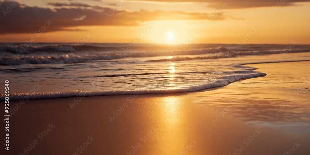 A serene sunset scene with gentle ocean waves caressing the sandy shoreline, creating a peaceful and calming ambiance. A serene sunset scene with gentle ocean waves caressing the sandy shoreline, creating a peaceful and calming ambiance.