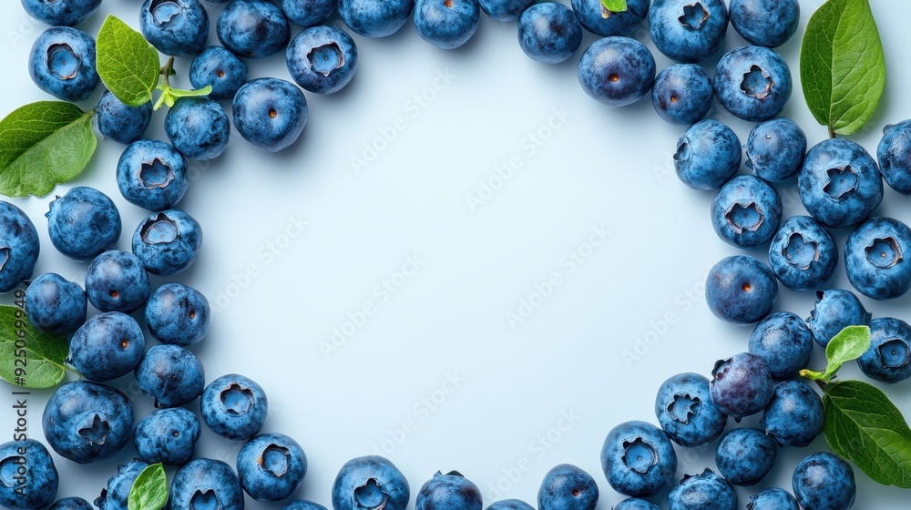 Fototapeta premium Fresh Blueberries Flat Lay on White Background - Vibrant Circular Arrangement of Rich Blue Berries