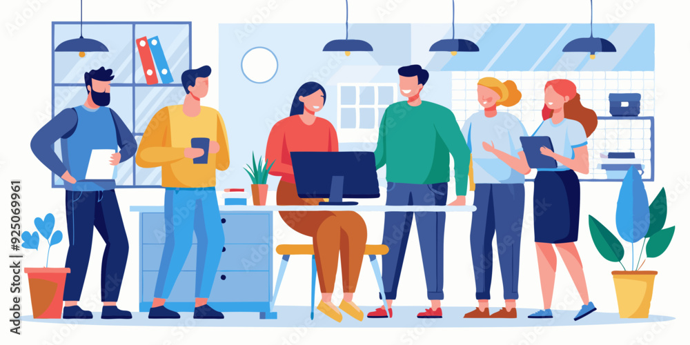 Employees discuss tasks and new projects while standing in the office. Colleagues are working. Vector illustration
Employees discuss tasks and new projects while standing in the office. Colleagues are working. Vector illustration