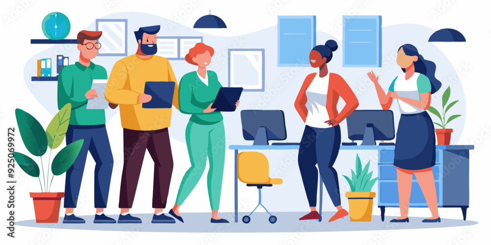 Employees discuss tasks and new projects while standing in the office. Colleagues are working. Vector illustration
Employees discuss tasks and new projects while standing in the office. Colleagues are working. Vector illustration