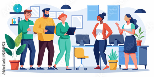 Employees discuss tasks and new projects while standing in the office. Colleagues are working. Vector illustration
