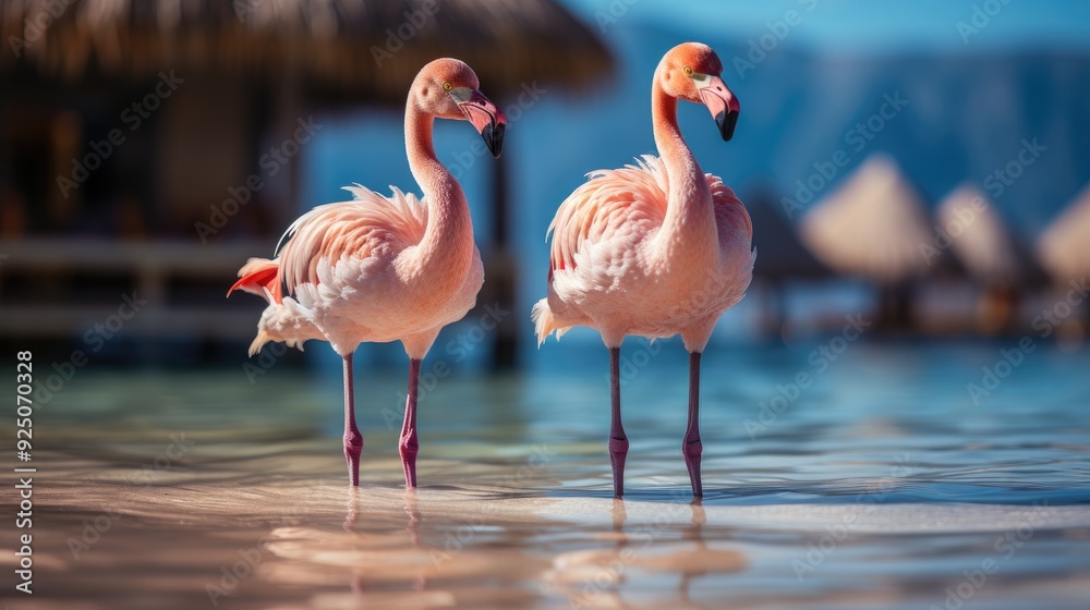 Beautiful flamingos on the beach against the backdrop of the sea, beach and palm trees Beautiful flamingos on the beach against the backdrop of the sea, beach and palm trees