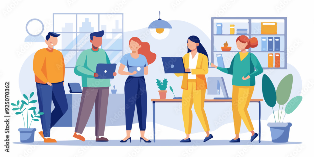 Employees discuss tasks and new projects while standing in the office. Colleagues are working. Vector illustration
Employees discuss tasks and new projects while standing in the office. Colleagues are working. Vector illustration