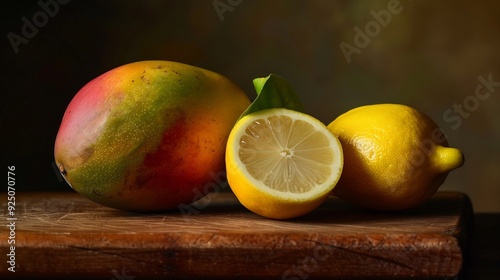 Mango and Lemons on a Wooden Cutting Board photo