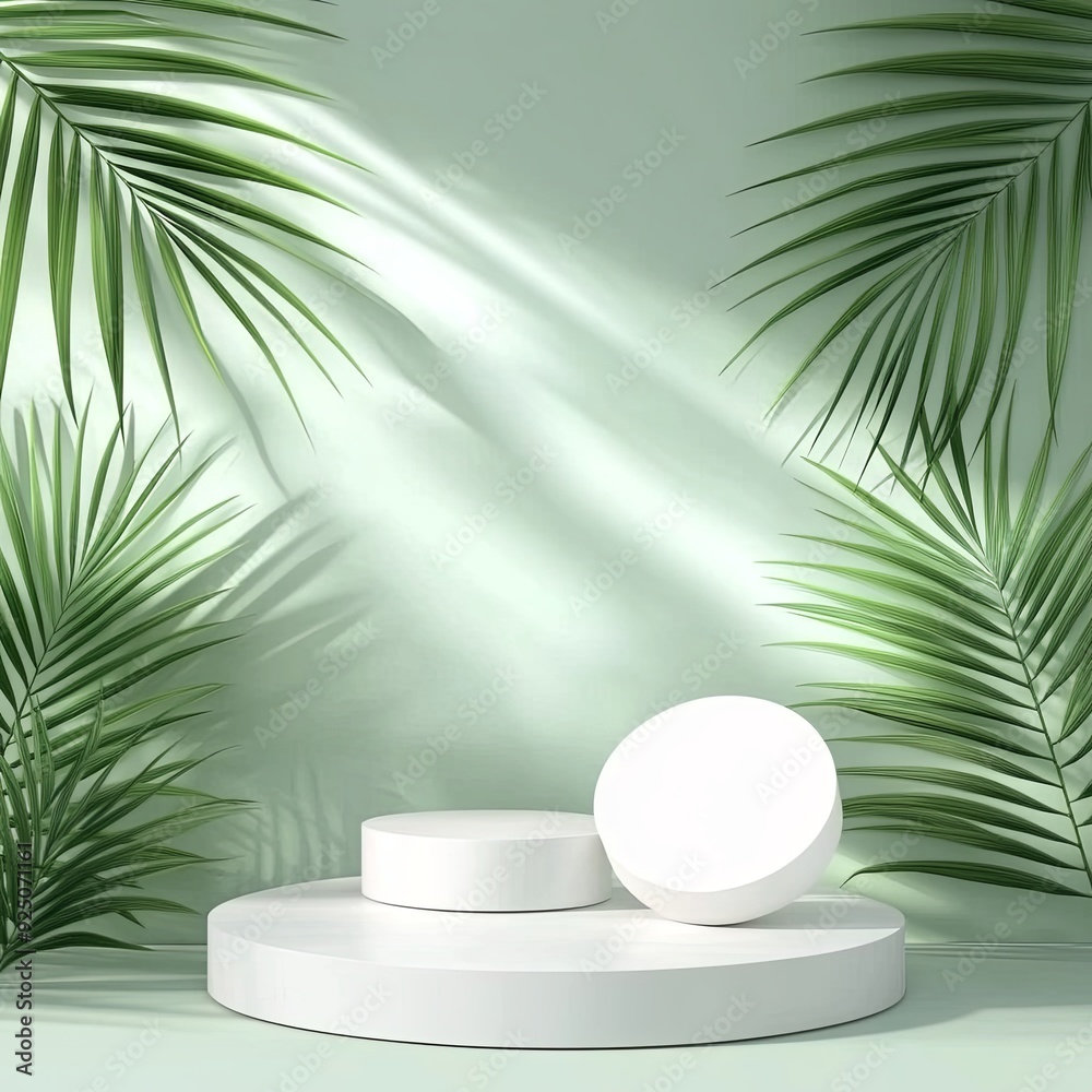 3d background products display podium scene with palm leaf geometric platform. background vector 3d render with podium. stand to show cosmetic product. 3d background products display podium scene with palm leaf geometric platform. background vector 3d render with podium. stand to show cosmetic product.