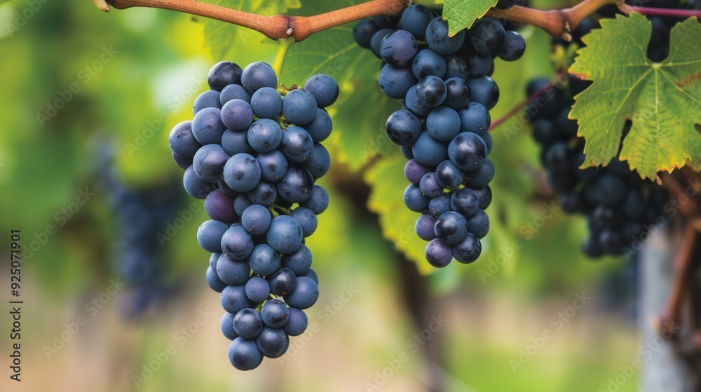 Lush Grapes on a Vine, clusters of ripe grapes dangle from a green vine, sunlight filtering through leaves, showcasing their deep purple hue and inviting freshness. Lush Grapes on a Vine, clusters of ripe grapes dangle from a green vine, sunlight filtering through leaves, showcasing their deep purple hue and inviting freshness.