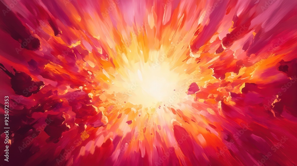Obraz premium Dynamic Eruption, an abstract portrayal of a volcano bursting forth, featuring jagged shapes and fiery hues, set against a backdrop of intense, explosive energy and movement
