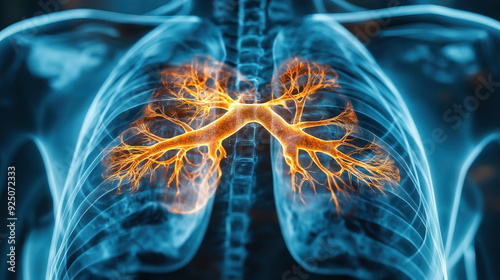 Digitally enhanced image of human lungs with glowing bronchi and bronchial tree showing detailed anatomy.