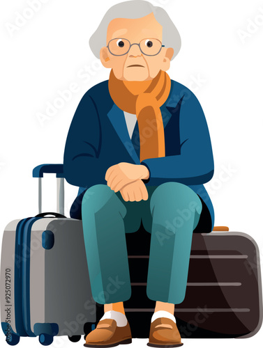 Elderly business professional patiently waiting with luggage