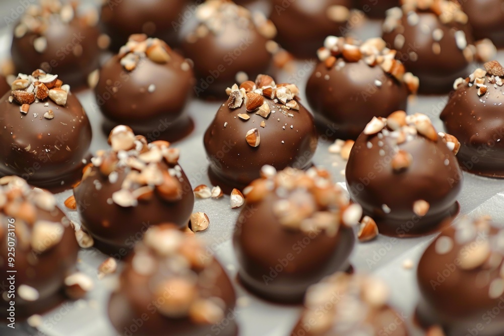 Chocolate candies with nuts are sitting on a white surface and waiting to be eaten Chocolate candies with nuts are sitting on a white surface and waiting to be eaten