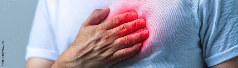 Intense Heart Pain - Person Gripping Chest in Discomfort with Copy Space, Medical Emergency Concept Intense Heart Pain - Person Gripping Chest in Discomfort with Copy Space, Medical Emergency Concept