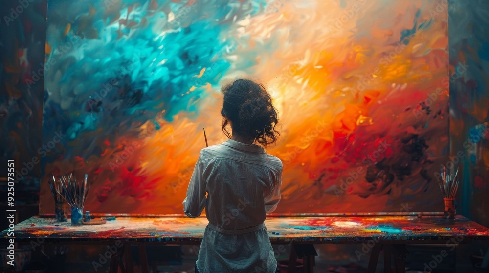 A woman with curly hair stands in an art studio, painting a vibrant abstract canvas filled with swirling colors. A woman with curly hair stands in an art studio, painting a vibrant abstract canvas filled with swirling colors.