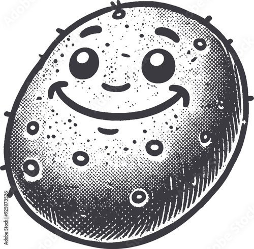 Grunge-Style Potato Smiling Vegetable Character with Texture, Rough Hand-Drawn with Grainy Print Effect.