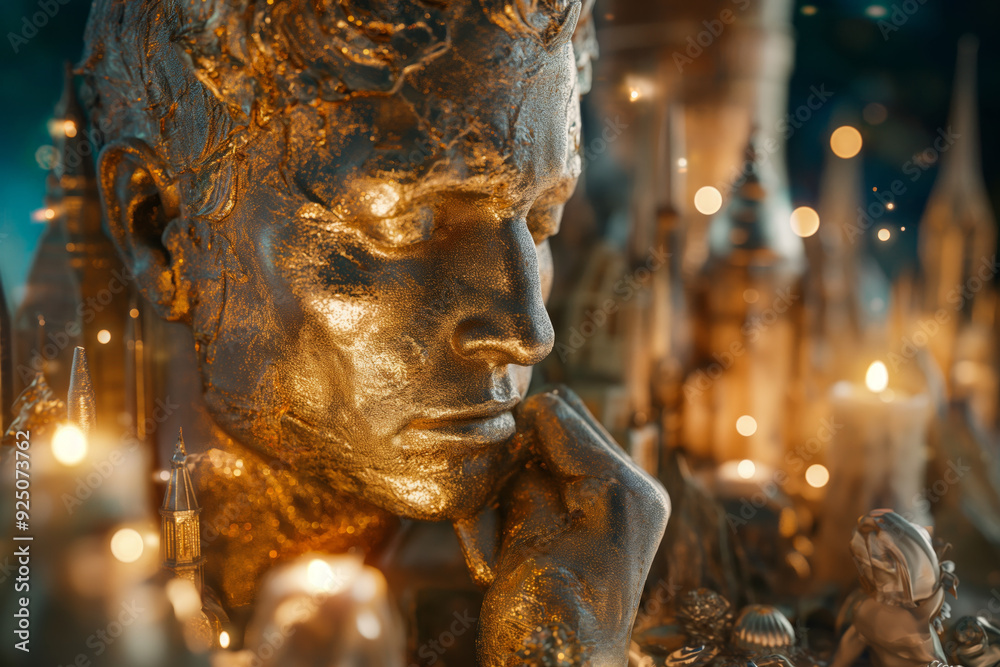Obraz premium Golden Artistic Sculpture in Dreamlike Candlelit Setting with Fantasy Elements