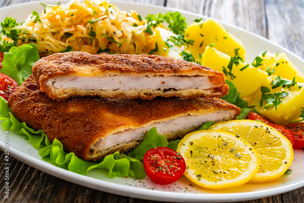 Crispy breaded fried pork chop, boiled potatoes and sauerkraut salad served on white plate on wooden table Crispy breaded fried pork chop, boiled potatoes and sauerkraut salad served on white plate on wooden table